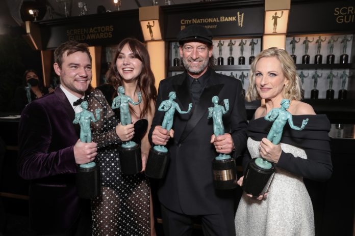Daniel Durant, Emilia Jones, Troy Kotsur, and Marlee Matlin, winners of Outstanding Performance by a Cast in a Motion Picture for 