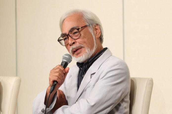 Hayao Miyazaki at a press conference in Tokyo, Japan in 2013