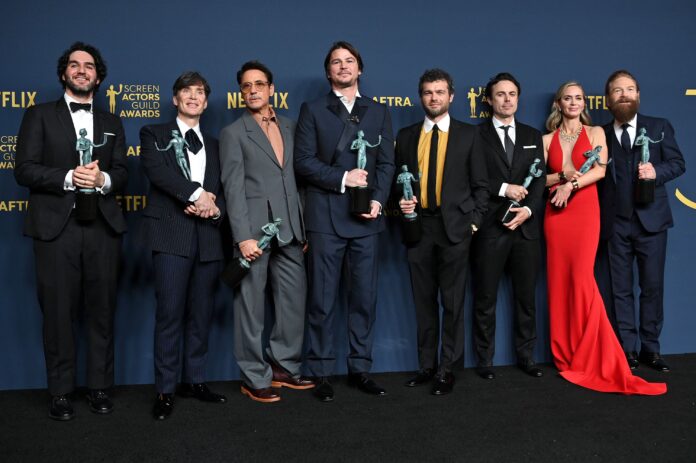 Cast of "Oppenheimer" - Benny Safdie, Cillian Murphy, Robert Downey Jr., Josh Hartnett, Alden Ehrenreich, Casey Affleck, Emily Blunt and Kenneth Branagh at the 30th Screen Actors Guild Awards in February 2024