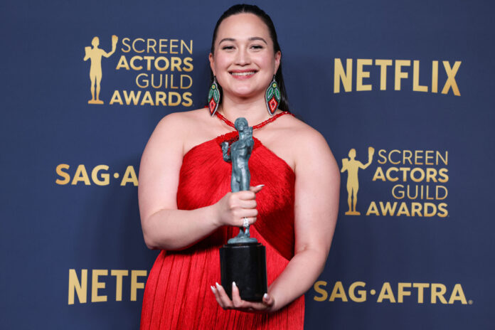 Lily Gladstone at the 30th Annual Screen Actors Guild Awards in February 2024. Photo by Image Press Agency/NurPhoto/Shutterstock (14364654ec)