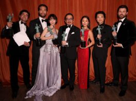 Tadanobu Asano, Shinnosuke Abe, Moeka Hoshi, Hiroyuki Sanada, Anna Sawai, Hiroto Kanai and Tommy Bastow from Shogun at the 31st Screen Actors Guild Awards in February 2025